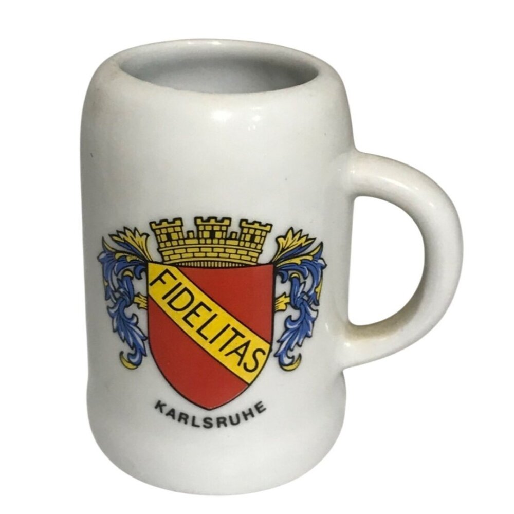 Miniature Porcelain Beer Stein Mug White With Karlsruhe Fidelitas Crest
